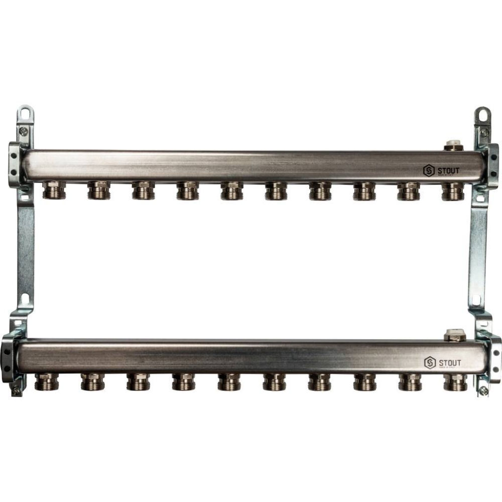 Коллектор из нержавеющей стали ASI 304L для радиаторного отопления на 10 выходов STOUT